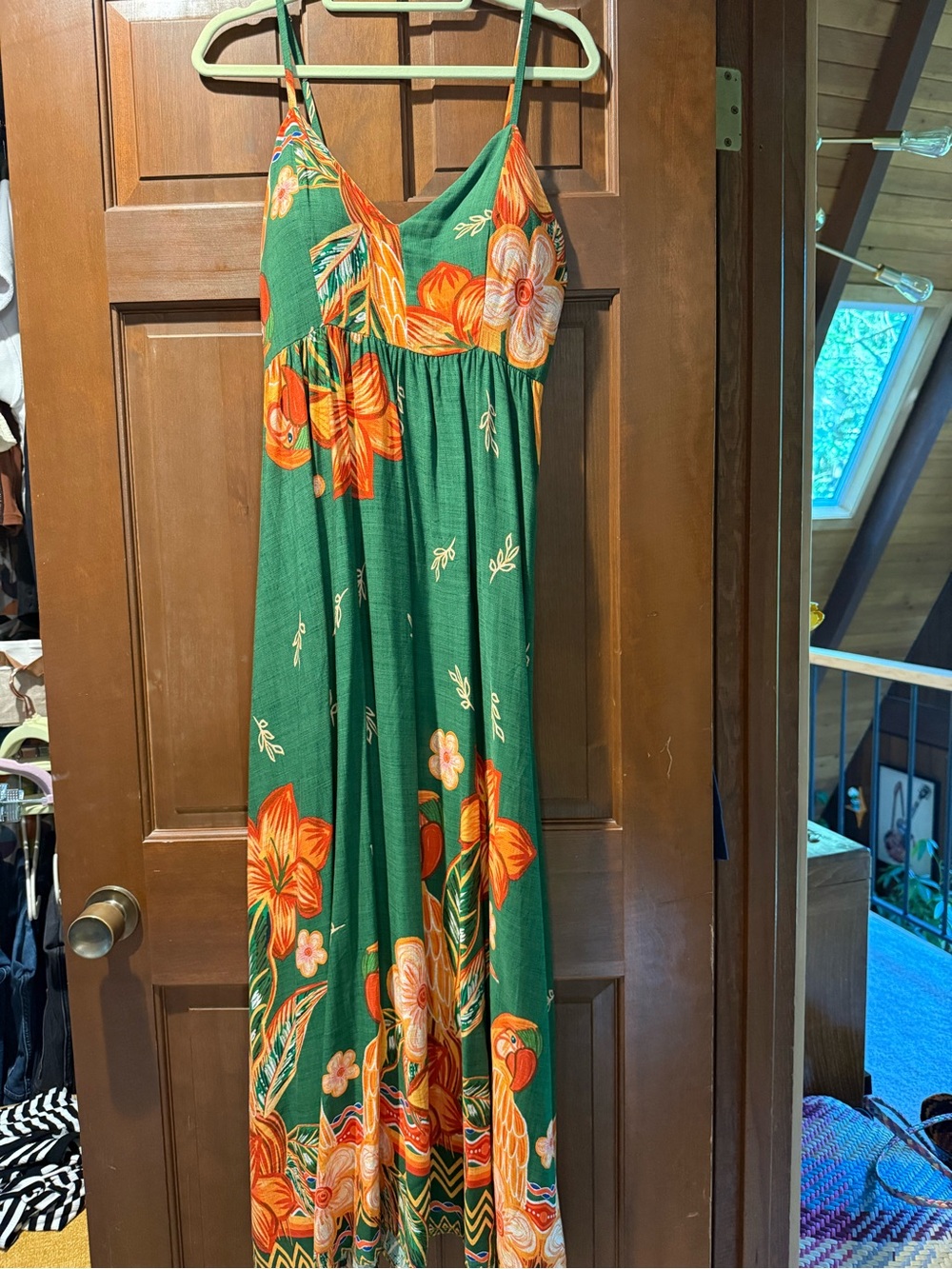 Green Floral Maxi Dress with Orange Accents